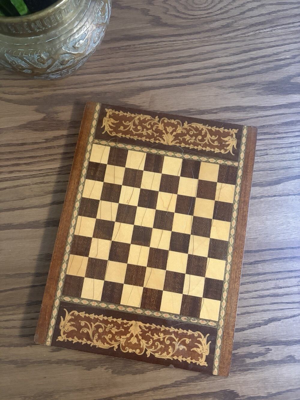 Vintage Italian Wood Inlaid Chess Board Lacquered Board 16x11